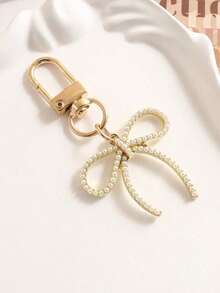 1pc Women's INS Style Faux Pearl Bow Keychain Elegant Charm Accessory For Bags Phones Car Accessories For Women Keychain For Bag - Gold - View 6