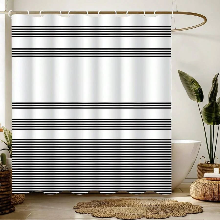 Striped Shower Curtain With Plastic Hooks, Water-Resistant Polyester Bath Curtain Set, Machine Washable, Woven Decorative Window Curtain For Home And Room - All-Season Artistic Design Christmas Decor