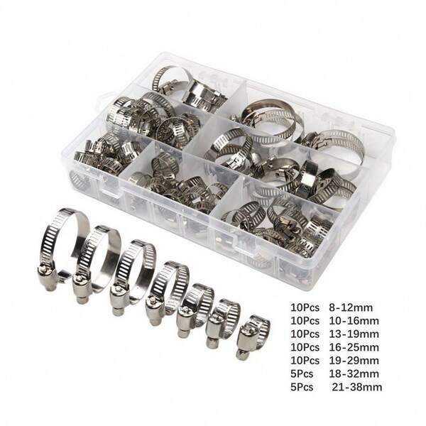 60pcs/Box 201 Stainless Steel/American Single Ear Hose Clamps, Heavy Duty Pipe Clips, Oil Pipe Fittings