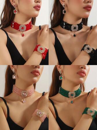 1 件高端时尚女士几何方形粉色、香槟金色、白色、黑色、红色、绿色水晶玻璃项链，1 对几何方形粉色、香槟金色、白色、黑色、红色、绿色水晶玻璃耳环，1 件多层水晶玻璃手链，3 件套适合晚礼服和日常穿着