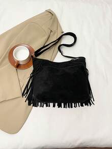 1 pieza Bolso de mano con diseño mate de moda, bolso cruzado versátil bohemio vintage con flecos, bolso de hombro estilo Y2K, regalo para vacaciones, ideal para compras al aire libre y estilo callejero - Negro - Ver 9