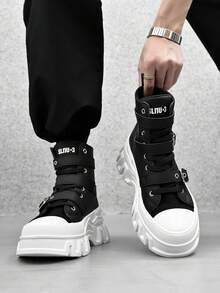 SLnU3 SLNU★3 Men's Fashion Casual Thick-Soled Height-Increasing Boots Creative Buckle Punk Style Suitable For Outdoor Street Style All-Match Style In All Seasons - Đen và trắng - Xem 2