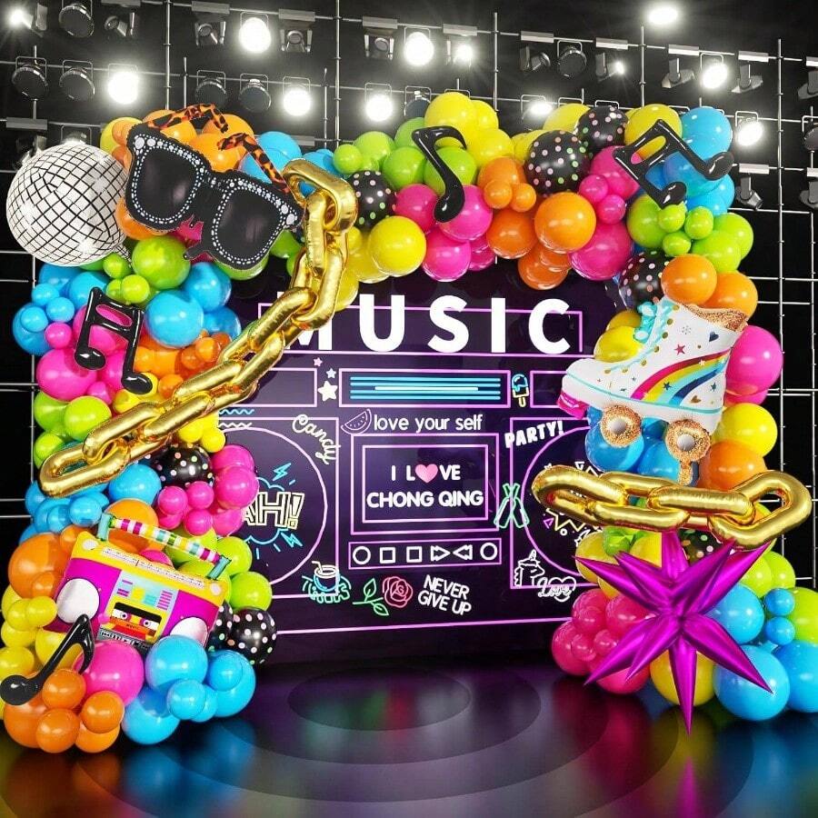 90s 80s Disco Theme Party Decorations, 171Pcs Balloon Arch Kit With Retro Disco Ball Radio Glasses Roller Skate Musical Note Chain Foil Balloons Back To 90s 80s Hip Hop Birthday Supplies - Đầy màu sắc - Xem 1