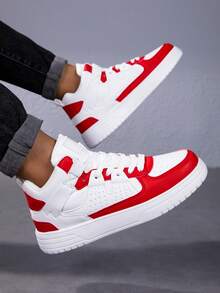 1 par de zapatillas de skateboard de caña alta para hombres, blanco y rojo, cómodas zapatillas casuales con cordones y suela de EVA, adecuadas para uso diario, ir y venir, ocio, fitness, reuniones y talla grande, otoño