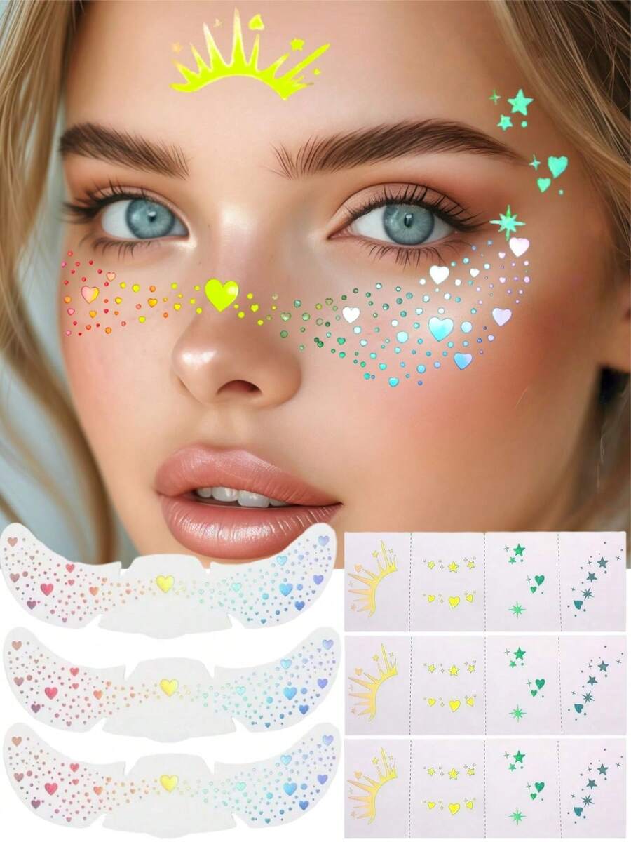 6 Blatt Glitzer Sommersprossen Gesichts-Tattoo mit Herzen, Sternen, Punkten, wasserfeste Regenbogen-Glitzer Sommersprossen, holografischer Glitzer temporärer Tattoo Aufkleber für Musikfestivals, Dates, Proms, Partys, Make-up Accessoires
