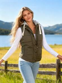 Women's Hooded Puffer Vest, Winter Warm Zip Up Quilted Jacket For Outdoor Casual Wear - 軍綠色 - 查看 5