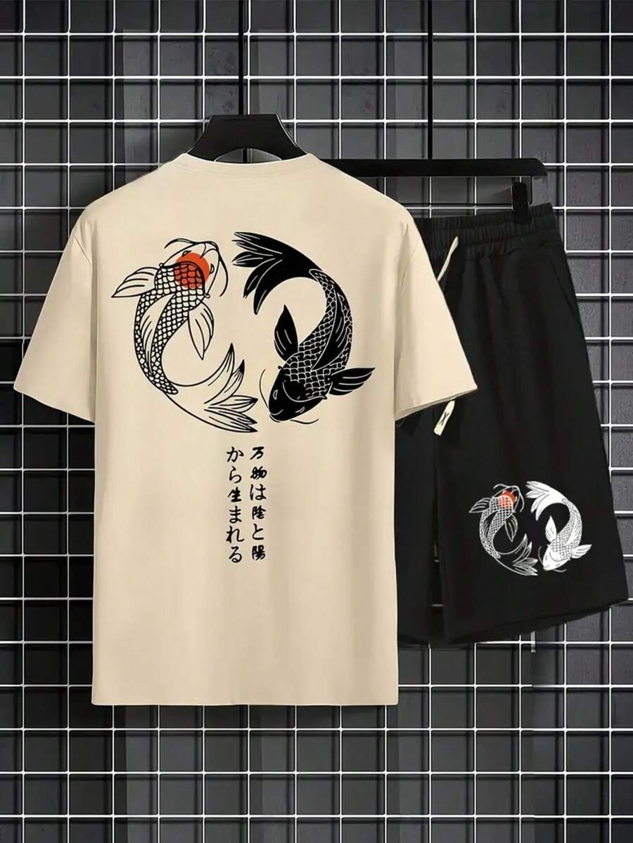 Men's Set Printed T-Shirt And Shorts Summer Beach Cotton/Tactel Fish Japanese YingYang Front/Back Basic Casual Style - Màu Khaki - Xem 1