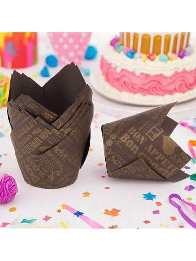 50pcs Tulip Cupcake Liners, Disposable Muffin Liners, Cupcake Paper Wrappers, Newspaper Style Greaseproof Paper Cupcake Liners, Suitable For Such As Candy, Chocolate, Macaron Cake, Wedding Parties, Christmas Party, Multi-Purpose Baking Tool, Kitchen Essentials, Kitchen Accessories