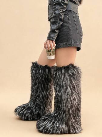 2025 Autumn/Winter New High Boots & Over-The-Knee Snow Boots, Warm Faux Fox Fur Boots, Faux Raccoon Fur Fashion Boots