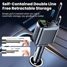 [Super Fast 4-In-1 Car Charger] 4-In-1 Super Fast Compact Car Charger - Scalable Car Charger With Dual Retractable Cables And Two USB Ports, Compatible With Iphone 15/14/13 Pro Max