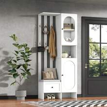 Compact Wardrobe 85*33.5*200 Cm, Home Furniture With 2 Wardrobes, Tempered Glass Storage Cabinet, Wardrobe Set, White Entrance Cabinet, Coat Rack With Shoe Bench And Cushions - White - View 4