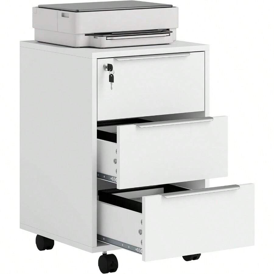HOMCOM Cajonera de Escritorio con 3 Cajones Cajonera de Oficina con Ruedas Cerradura y 2 Llaves Archivador Móvil para Estudio Salón 40x40x63,5 cm Blanco y Roble