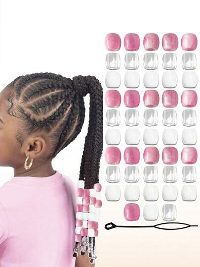 48pcs Pink Hair Beads, Dreadlock Beads, White Braiding Beads, Transparent Horse Beads, Suitable For Girls Jewelry Making And Hair Accessories