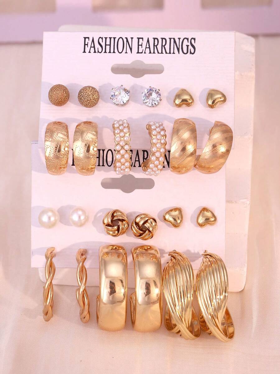 24-12pcs Fashionable & Elegant Heart Shape And Striped Women Metal Earrings Set, Rhinestone Inlaid Earrings And Simple Stud Earrings, Suitable For Daily Life And Summer Vacation Wear