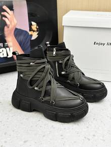 SLnU3 SLNU★3品牌，男士新款高品质休闲鞋，时尚滑板鞋，高帮皮革系带时尚鞋（随机鞋跟带文字），朋克风格男士休闲运动靴 - 黑色 - 查看 2