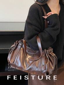 1 件大容量褶皱单肩包，PU 材质手提包，磁扣，适合日常外出、约会、通勤 - 咖啡 - 查看 9