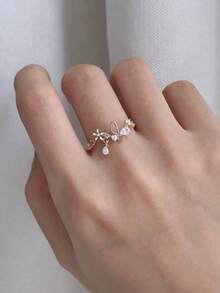 Nooxian 1pc Women Rose Gold Flower-Shaped Open Ring With Cubic Zirconia Valentines - Bạc - Xem 9