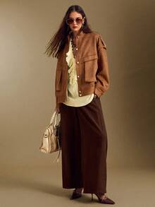 Sollinarry Women's Autumn New Urban Fashion Brown Faux Suede Long Sleeve Jacket, Front Button Stand Collar Design, 3D Pockets, Shoulder 2 In 1 Design, Lined, Suitable For Office, Outings, Shopping - Brown - View 5