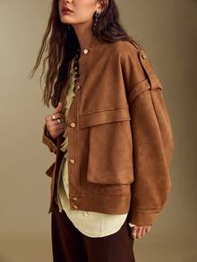 Sollinarry Women's Autumn New Urban Fashion Brown Faux Suede Long Sleeve Jacket, Front Button Stand Collar Design, 3D Pockets, Shoulder 2 In 1 Design, Lined, Suitable For Office, Outings, Shopping - Brown - View 6