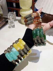 1pc Fashionable 3-Layer Wide Elastic Bracelet, Colorful Resin Beaded Bracelet, Acrylic Jewelry Gift For Women, Girls, Friends, Suitable For Daily Wear, Party, Travel - Multicolor - View 1