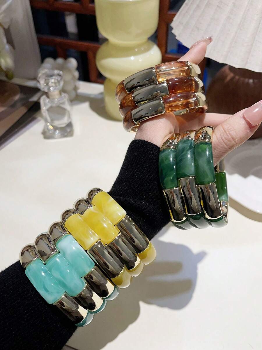 1pc Fashionable 3-Layer Wide Elastic Bracelet, Colorful Resin Beaded Bracelet, Acrylic Jewelry Gift For Women, Girls, Friends, Suitable For Daily Wear, Party, Travel - Multicolor - View 1