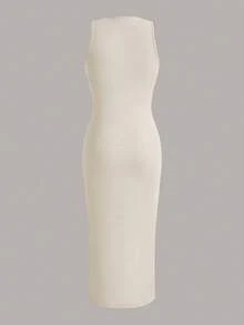Vestido ajustado unicolor tejido de canalé - Beis - Ver 2