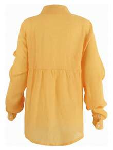 Women's Cotton Linen Blouse Long Sleeves Plus Size - Yellow - View 8