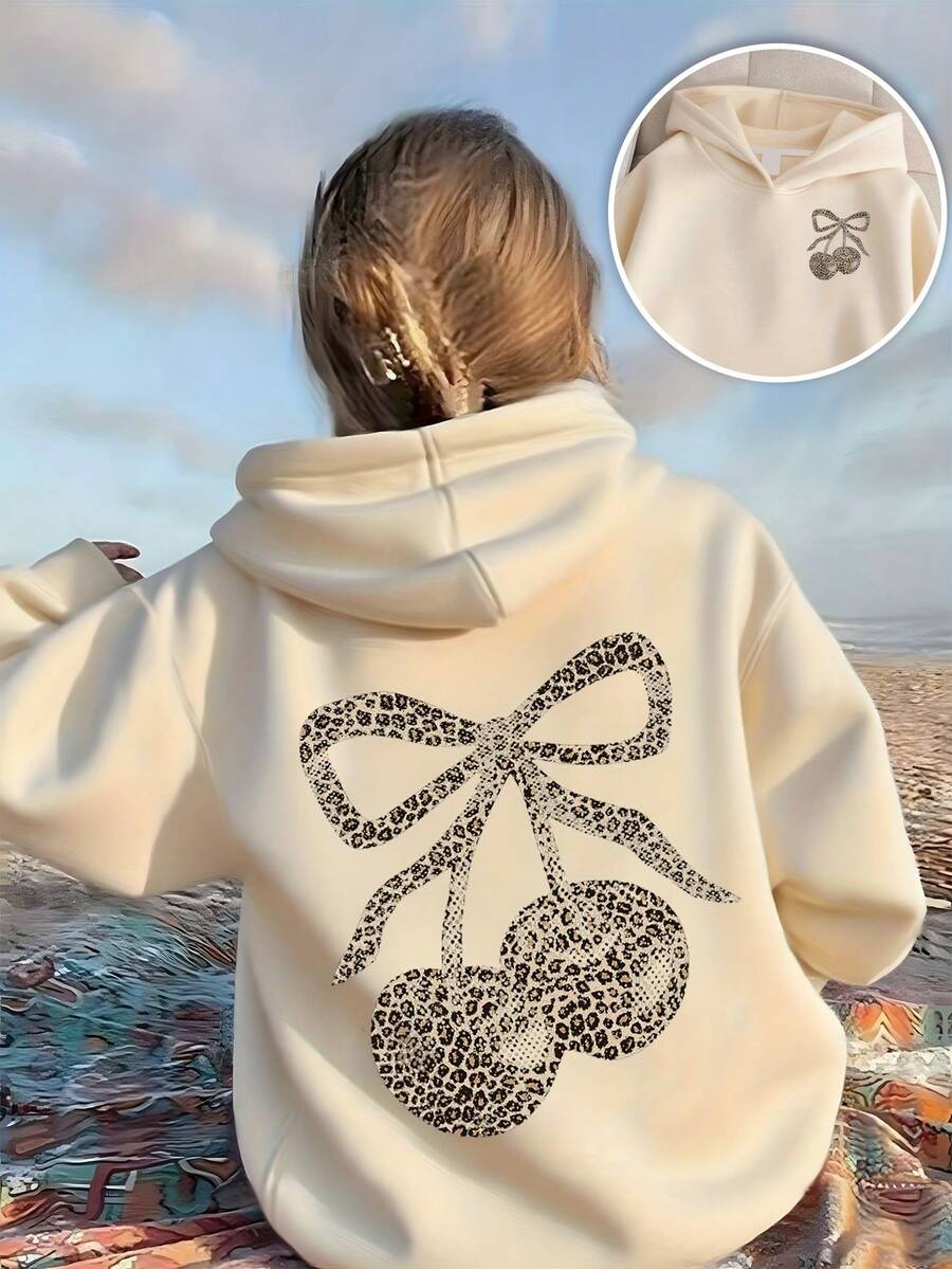 1pc Tween Girls Cute Leopard Print Bow Cherry Sweatshirt, Soft And Comfortable, Suitable For Spring And Autumn Daily Wear - Apricot - View 1
