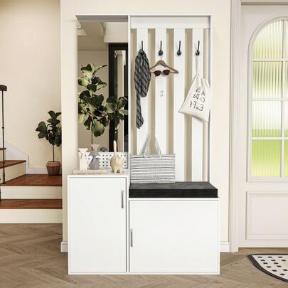 Multifunktionaler Schuhschrank, Flurgarderobe-Set mit Spiegel, Haken und Türen, Moderne Garderobe für Eingangsbereich & Flur, Weiß, 100*180*40cm