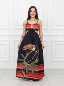 Tropical Toucan Print Long Dress With Thin Straps And Front Cutout - 黑色 - 查看 2