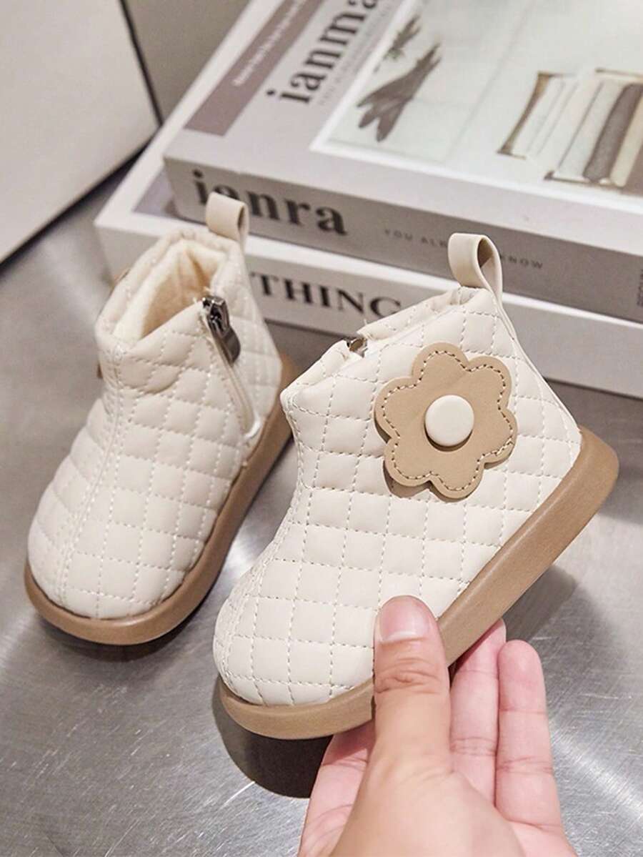 1 双 2025 新款女婴靴子，秋冬保暖毛绒内衬公主靴，幼儿短靴 - 米色 - 查看 1