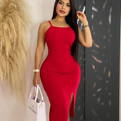 Vestido midi con apertura en pierna en tela acanalada