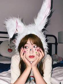 1pc Cute Plush Rabbit Long Ear Beanie Hat, Warm Ear Protection For Women, Autumn/Winter, Halloween Decoration