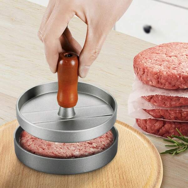 Heavy-Duty Manual Burger Press With Red Handle - Commercial & Home Use - Even Patty Formation - Easy-Clean Aluminum Construction - Perfect For Restaurants, Home Kitchens, BBQs, Parties - Heavy Base For Stability, Bbq Essentials, Sturdy Kitchen Tool, Durable Kitchenware