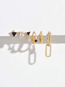 1 Set Of 6pcs Black Zirconia Earrings, Studs & Clips, Fashionable & Elegant Jewelry Set For Women, Suitable For Party, Holiday, Date Or Wedding