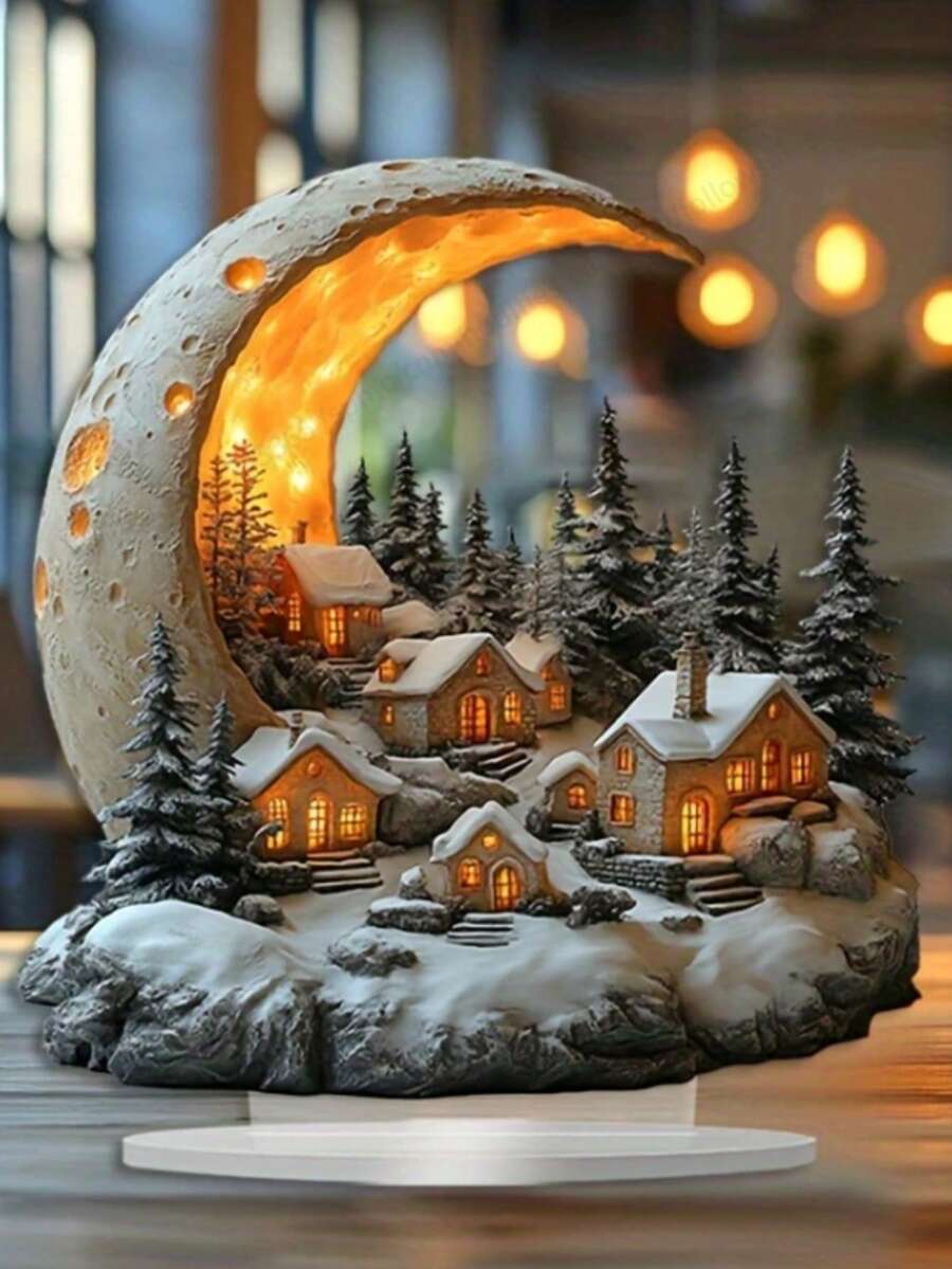 1 Stück Bohemian Stil Acryl 2D flaches Weihnachts-Mond-Haus Tischdekoration, vielseitige Mondlicht-Dorfszene Figur, geeignet für Zuhause, Büro, Veranda, Raumdekoration, perfektes Weihnachtsgeschenk - Verschiedenfarbig - Übersicht 1
