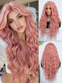 28英寸长波浪形合成假发，无刘海，粉色卷发假发，蓬松粉色中长卷发假发，专为女性设计：外观自然，耐热，适合派对、角色扮演、日常佩戴，也适合派对、音乐节，是理想的母亲节礼物，完美展现派对时尚。 - 粉色 - 查看 13