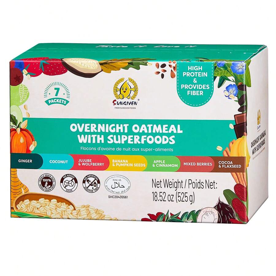 SUNGIVEN SUNGIVEN High Protein Overnight Oats Variety Pack - 7 Flavors Low Sugar High Fiber Instant Oatmeal Health Breakfast Snacks For Gym Office School Trip Kids With Superfoods