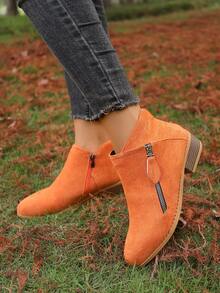 女式低跟圆头切尔西靴，侧拉链，短款踝靴，纯色，春秋季 - 橘色 - 查看 4