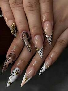 Unhas com Bolinhas, Unhas Postiças em Formato de Amêndoa, Unhas Postiças de Outono, Unhas com Ponta Francesa, Unhas Postiças, Unhas Marrons, Unhas Fofas, Unhas Falsas