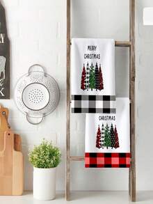 2 buc. Prosoape de bucătărie cu model brad de Crăciun, prosoape de baie moi și absorbante, în carouri vintage, potrivite pentru decor de sărbători, cadouri de Anul Nou, decorațiuni interioare