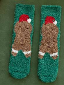 Christmas Men Winter Cozy Red Color With Green Trees Warmly Soft Fuzzy Circle Comfort Fluffy Long Crew Socks