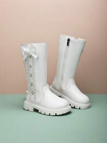 زوج من بوت الأميرات للبنات مزينة بالخرز والدانتيل والفيونكة، ذات نعل سميك وسحاب جانبي، طراز أميرة، مناسبة للاستخدام اليومي والمدرسة وحفلات الأميرات والموضة (لون البطانة عشوائي أسود أو أبيض)