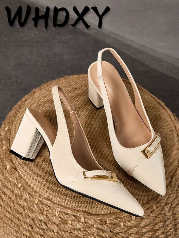 WHDXY 1 Pair Khaki Elegant Pointed Toe High Heel Shoes For Women, PU Leather Upper, Metal Buckle Decor, Comfortable & Versatile, Suitable For Work, Office, Party, Travel, 7CM Chunky Heel