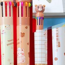 10-In-1 Cute Bear Ballpoint Pen Set, Retractable Plastic Pens, Battery-Free, Multicolor, Suitable For Ages 14+, Daily Writing Tool, Office Supplies, Holiday Party Favors