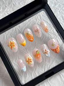 10片装3D杏仁形手工美甲贴纸，橙色，法式贝壳捏花设计，3D立体雕刻，光滑亮泽，适合女孩日常、派对、海滩度假、节日美甲装饰，女孩礼物 - 彩色 - 查看 1