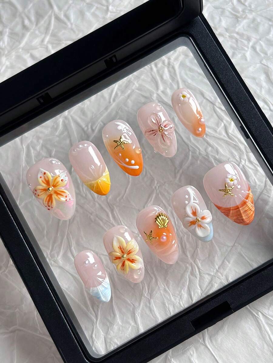 10片装3D杏仁形手工美甲贴纸，橙色，法式贝壳捏花设计，3D立体雕刻，光滑亮泽，适合女孩日常、派对、海滩度假、节日美甲装饰，女孩礼物 - 彩色 - 查看 1