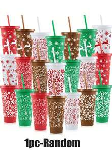 5-1 Pc 24 Oz Christmas Themed Straw Cup, Christmas Themed Water Bottle, Large Capacity Plastic Water Cup, Durable, Reusable With Straw And Lid, Festive Design, Suitable For Hot And Cold Drinks, Outdoor Activities, Parties And Holiday Decorations, Christmas Gifts, Suitable For Milk Tea, Coffee, Purified Water, Outdoor, Indoor, Christmas, New Year,Christmas Gifts, Cups