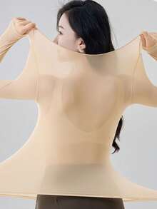 Women's Seamless Lace Thermal Underwear, Thin Long Sleeve Tops, Solid Color Warm Innerwear, Crew Neck, Skin-Tight, High Elasticity, Beige, Casual Lightweight Warm Base Layer For Autumn/Winter - Beige - View 5