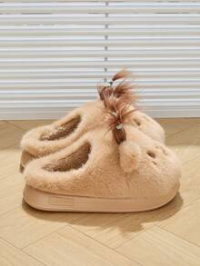 Khaki Cartoon Tier Design Winter Plüsch Hausschuhe, Damen Schlafzimmer EVA Sohle, rutschfest & strapazierfähige dicke Sohle, Paar-Stil